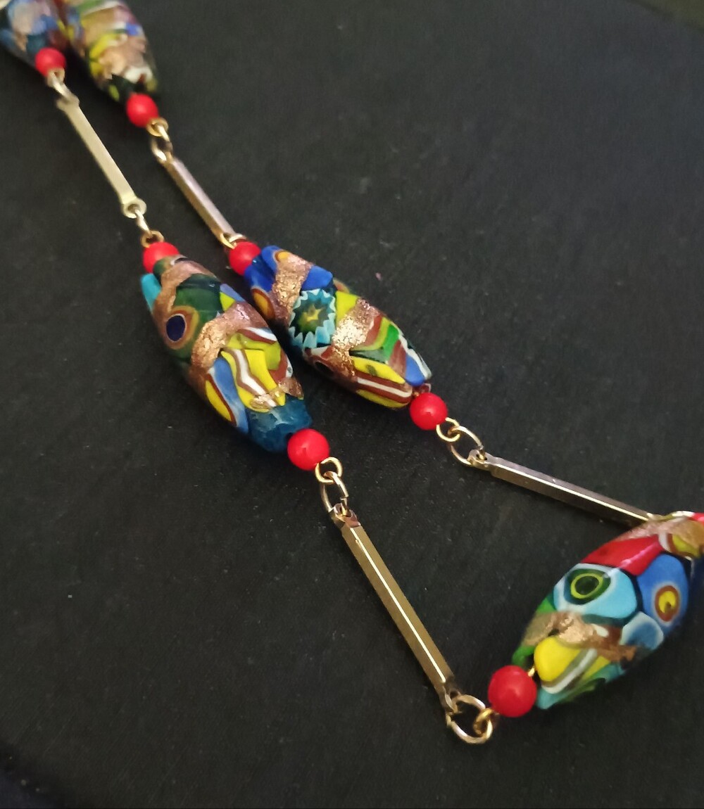 Vintage Vebitian Milefori Art Glass Beaded Colorful Multicolor Necklace 20" Drop